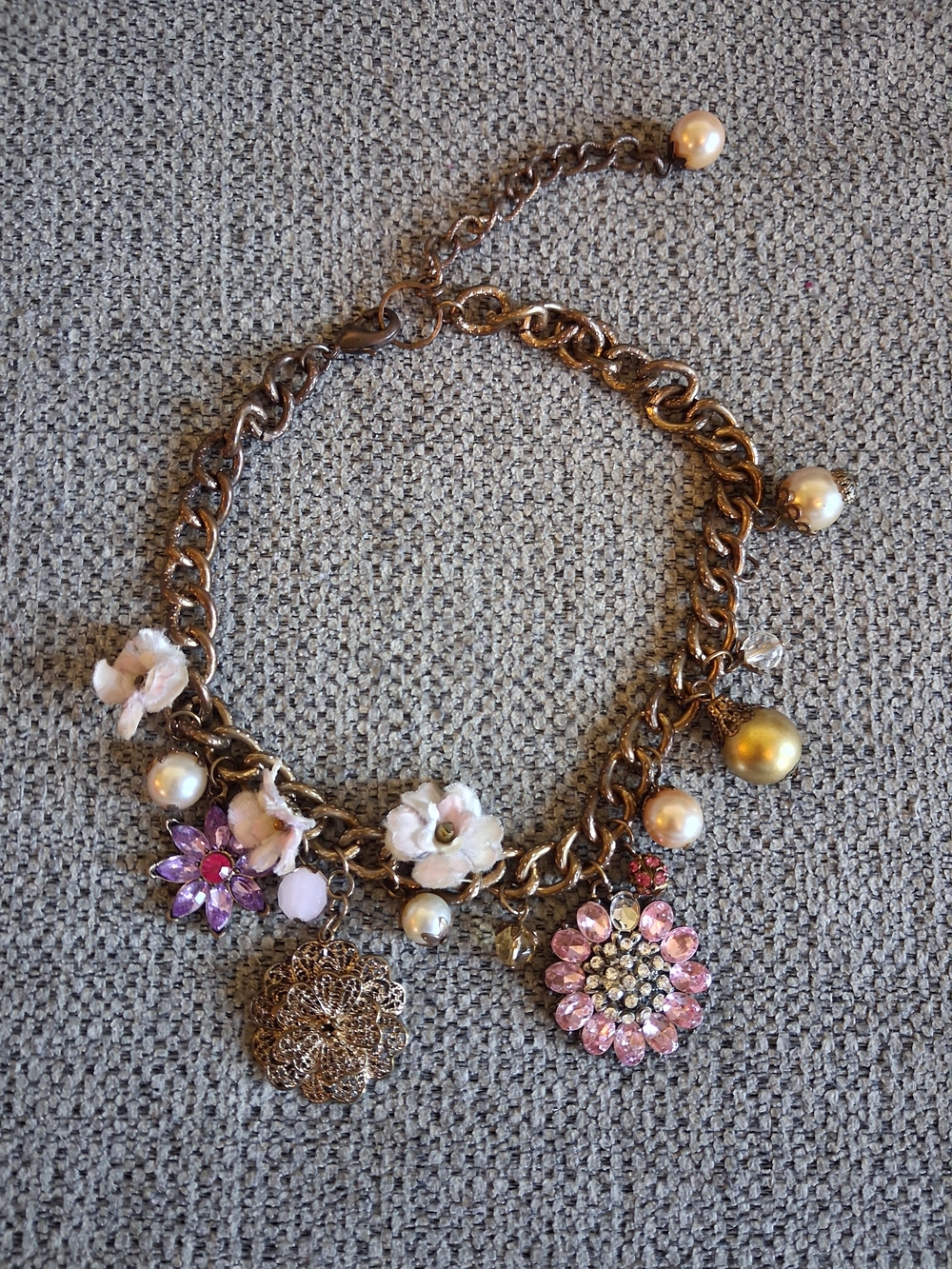 Gold-Tone Floral Charm Necklace with Pink and Purple Accents